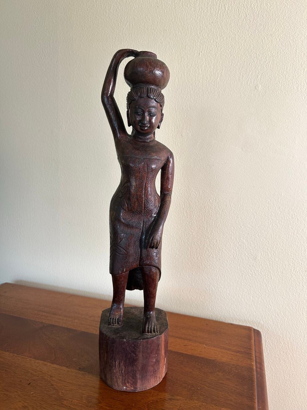 Vintage African Hand-Carved Wooden Female Water Carrier Figurine